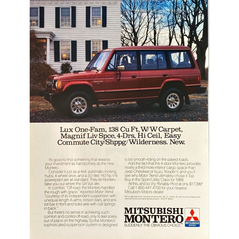 Mitsubishi 4x4 Montero 4-wheel drive "Off-Road Fun" Vintage Print Ad 1989
